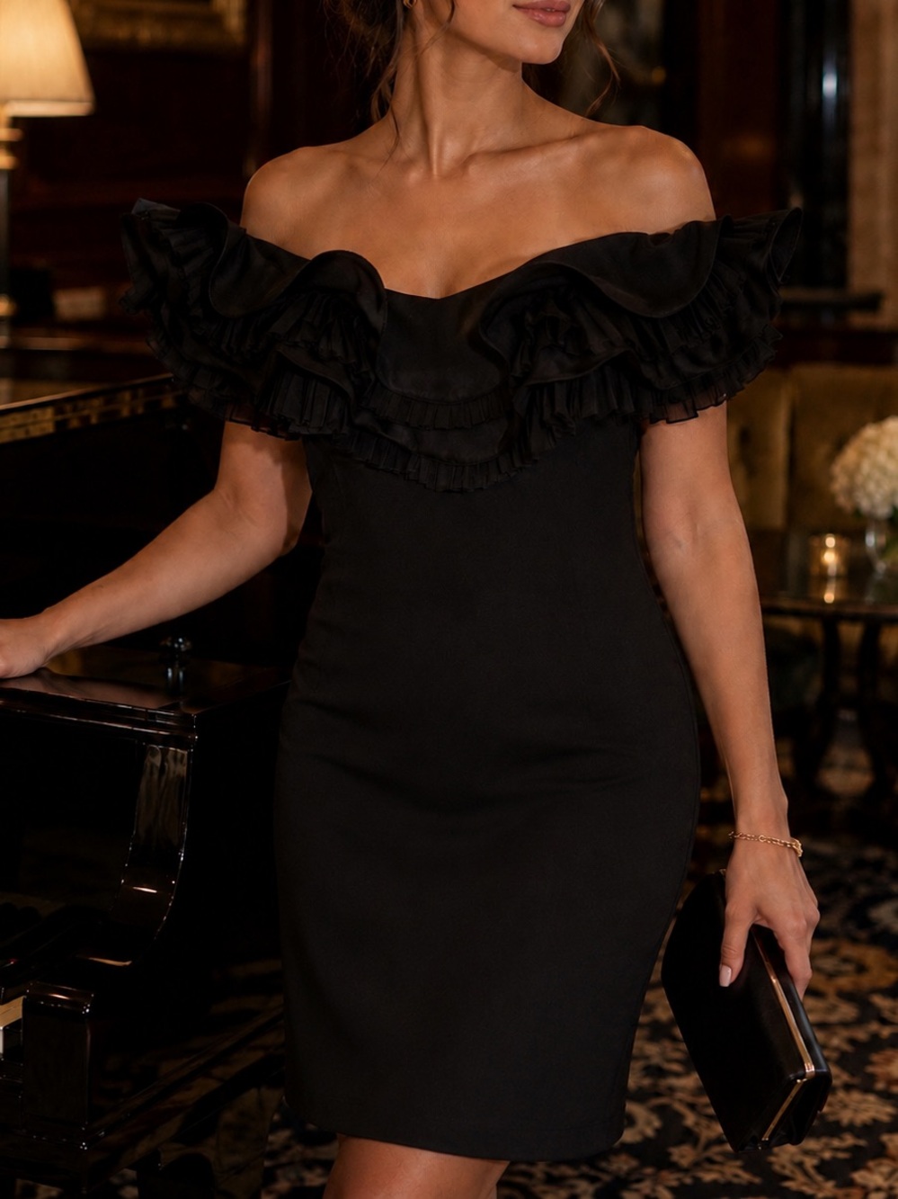 Marchesa Silk Off The Shoulder Ruffle Neck Cocktail Dress
